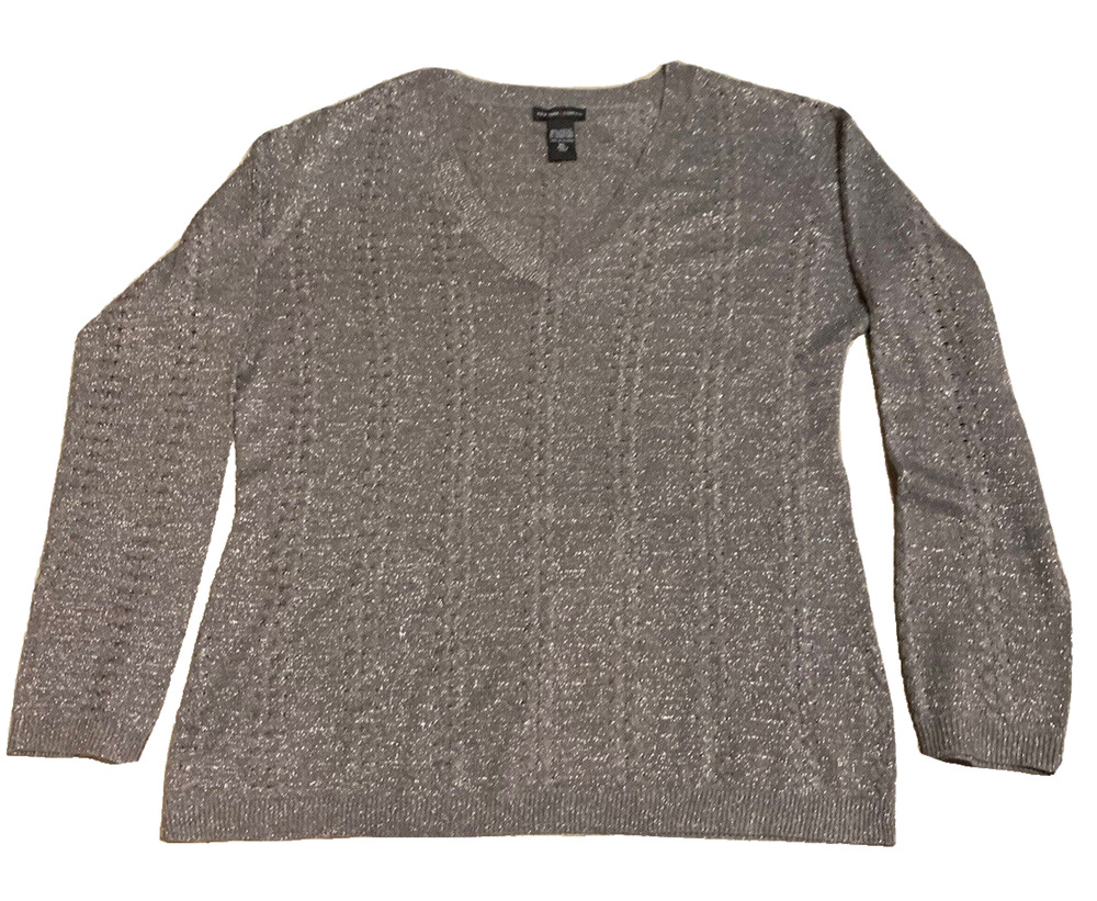 New York & Company Womens Knit Sweater Size XL Gray Glitter Preppy Minimalist